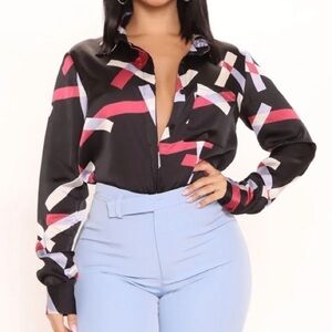 Fashion Nova Black Long Sleeve Satin Button Down Women Blouse Large